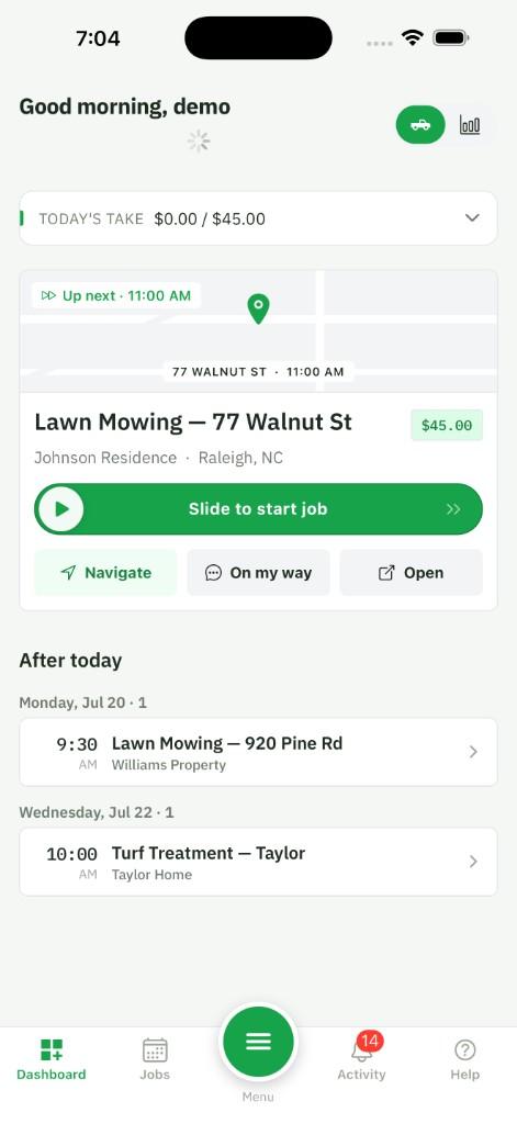 Turf Pro Logic on iPhone — dashboard with today's job and slide to start