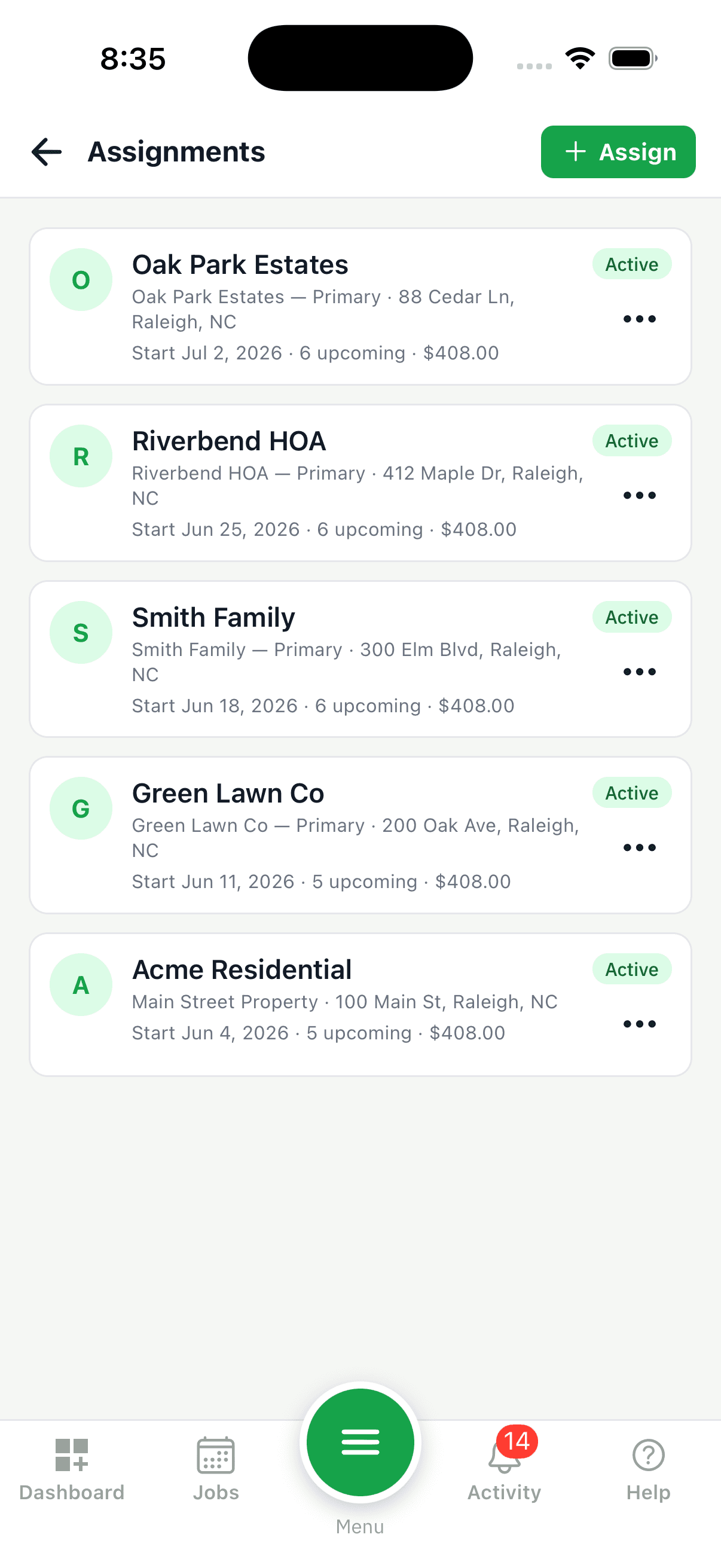 Turf Pro Logic multi-round program assignments — recurring visits with upcoming rounds