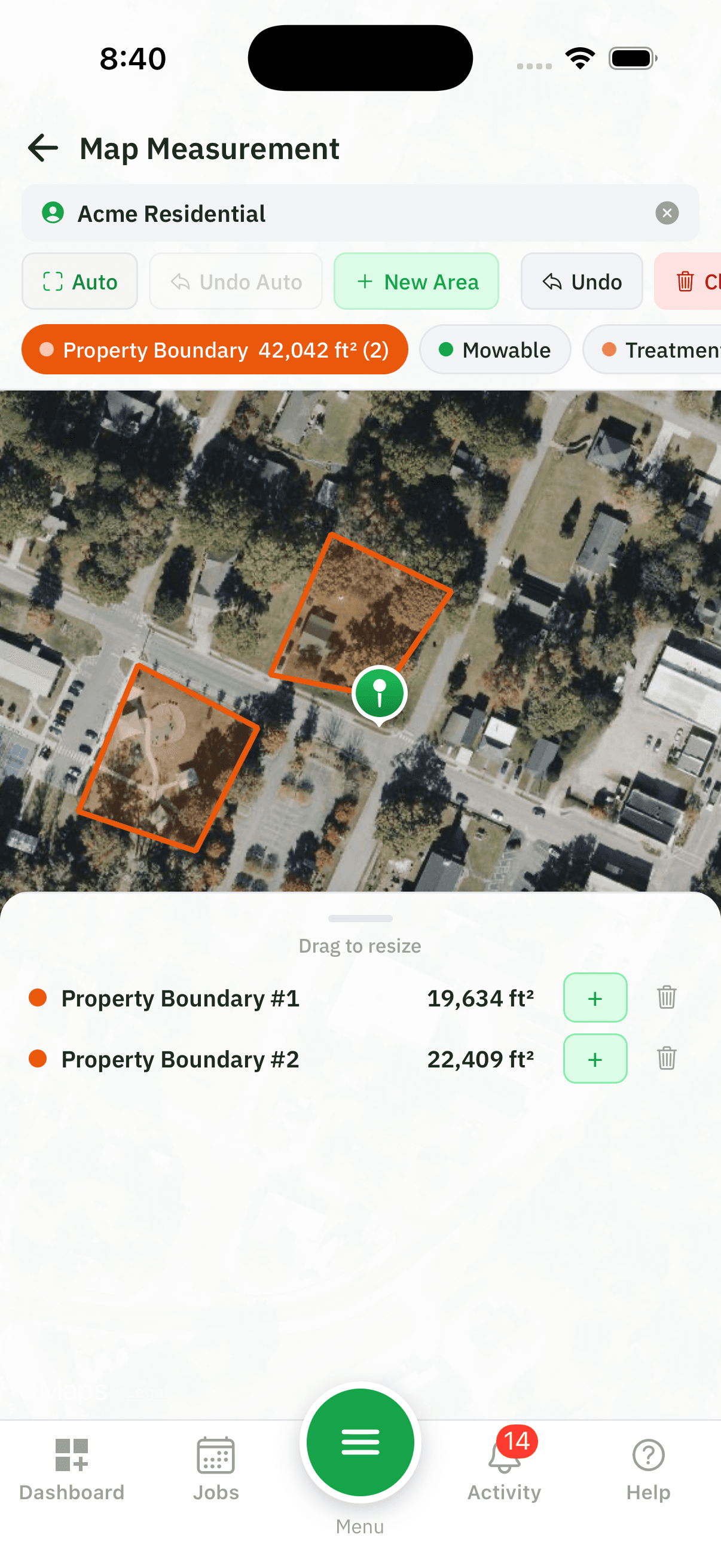 Turf Pro Logic satellite property measurement — mapped boundaries with square footage