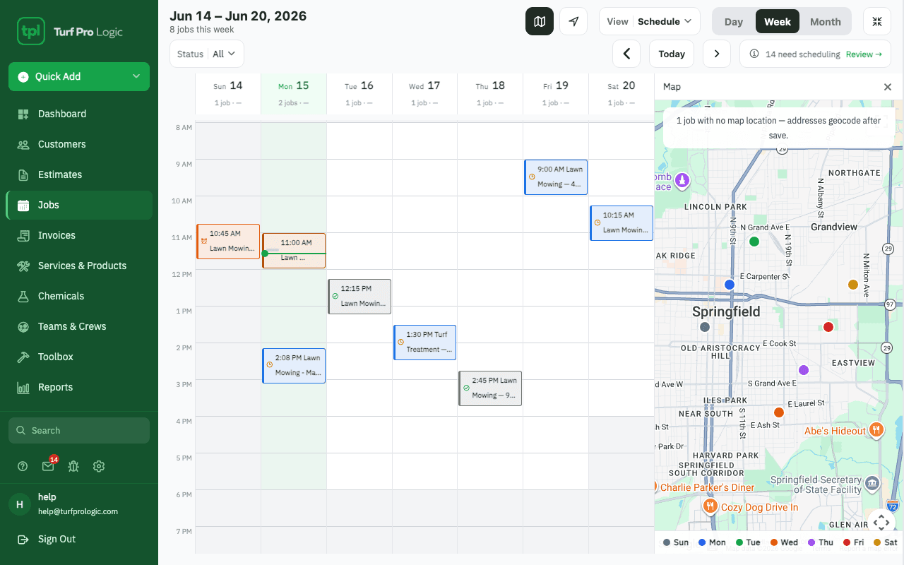 Turf Pro Logic on the web — weekly job calendar with a route map