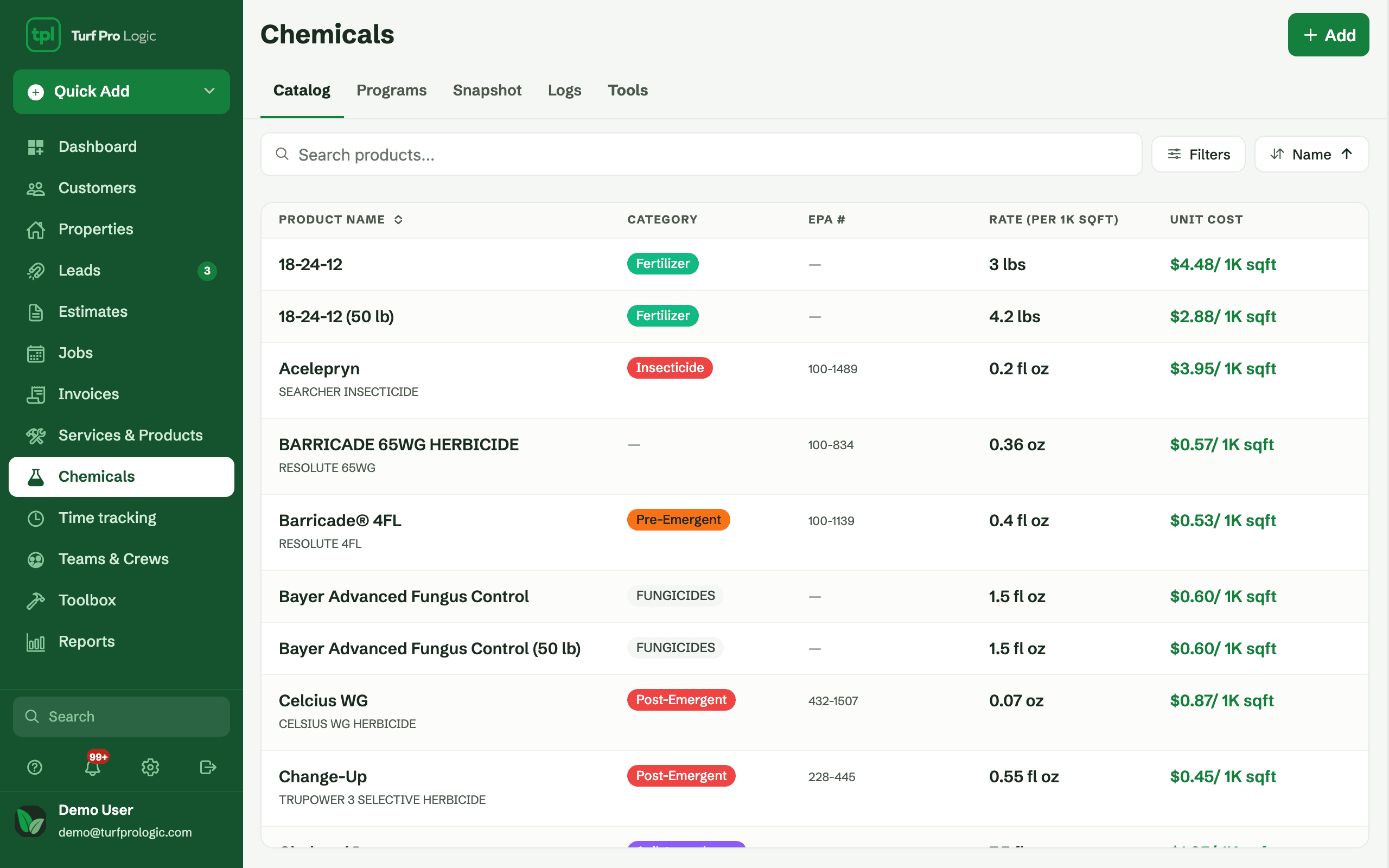 Turf Pro Logic chemicals catalog — products with EPA numbers, rates, and categories